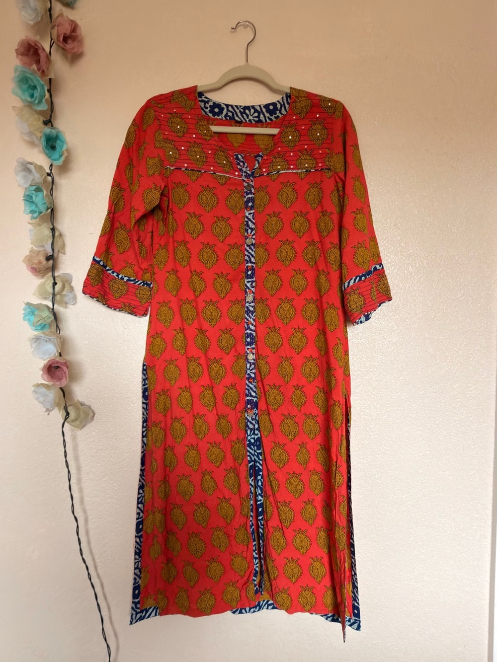 Coral Printed Tunic Dress with Blue Trim